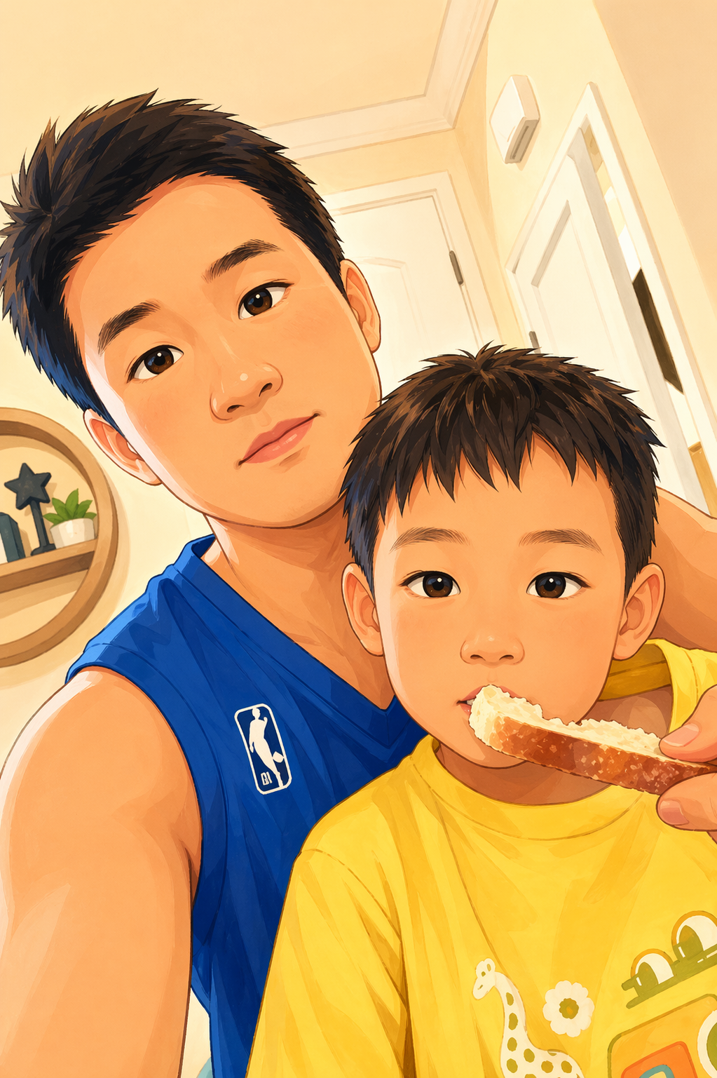 Wally 和 Aaron 的卡通风温馨合照